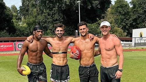 Collingwood's Isaac Quaynor, Josh Daicos, Nick Daicos and Tom Mitchell got a session in together. Picture: Ball Magnets Instagram