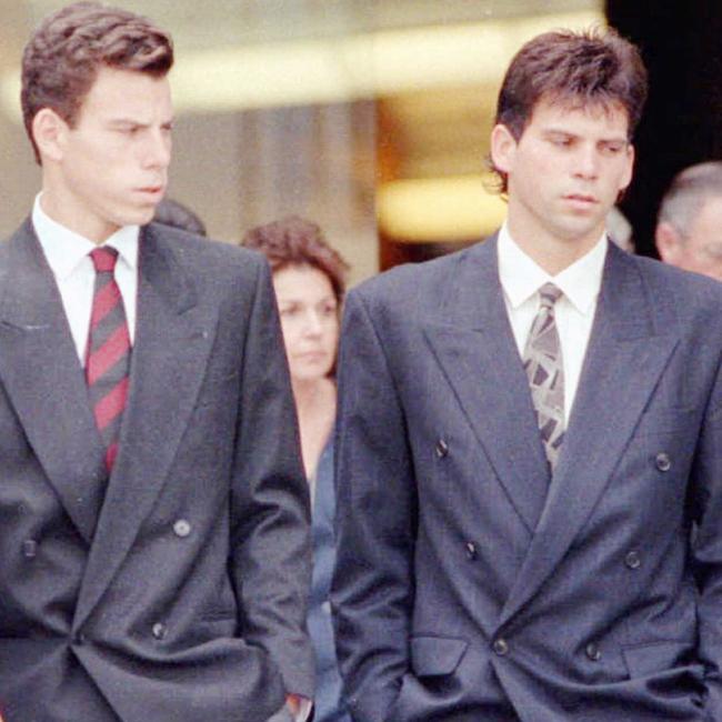 Erik and Lyle Menendez leave the memorial service for their slain parents in August, 1989. Picture: Steve Dykes / AP