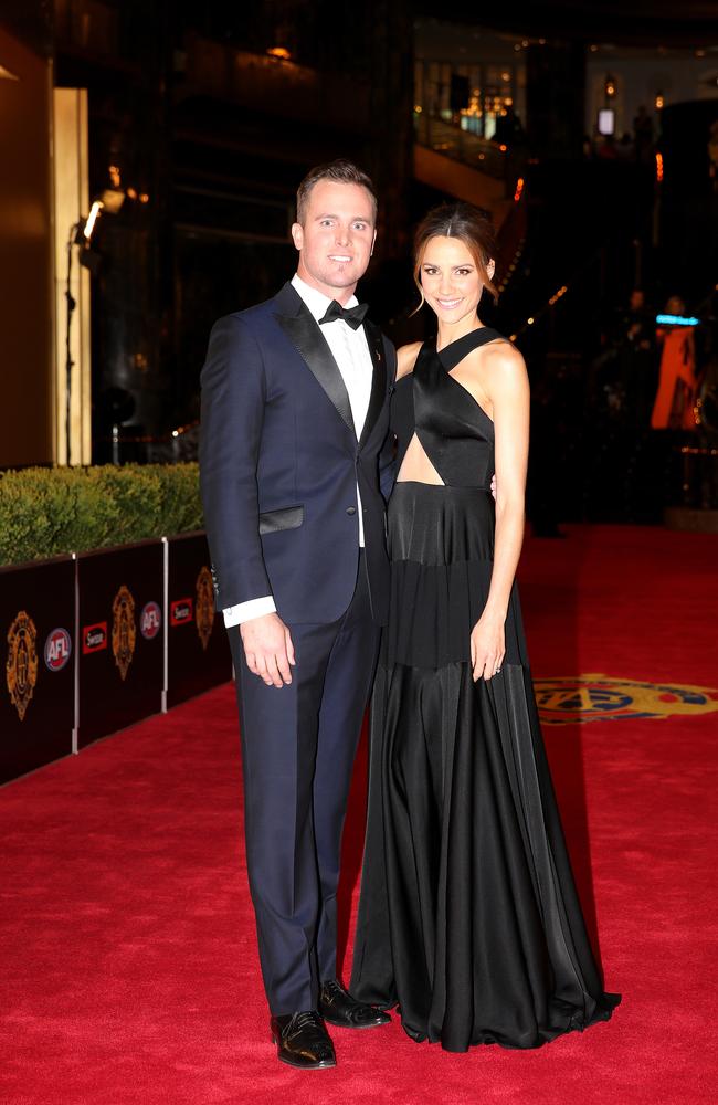 Andrew Welsh and Rachael Finch arrive on the red carpet for the 2015 AFL Brownlow Medal presentation held at Crown Casino on Monday, September 28, 2015, in Melbourne, Victoria, Australia. Picture: Tim Carrafa