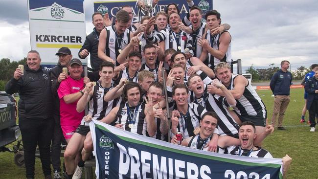 Narre Warren celebrate their premiership victory after the Outer East Premier Division grand final. Picture: Valeriu Campan