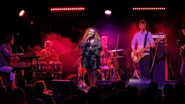 Emma Donovan performs in the Spiegeltent with the Putbacks in her Sydney Festival tribute to Ruby Hunter. Picture: Prudence Upton