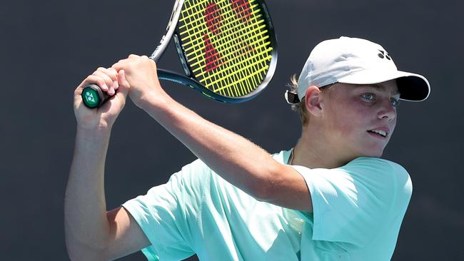 MELBOURNE, AUSTRALIA - JANUARY 09: Cruz Hewitt plays a backhand during an Alex de Minaur of Australia training session ahead of the 2024 Australian Open at Melbourne Park on January 09, 2024 in Melbourne, Australia. (Photo by Kelly Defina/Getty Images)