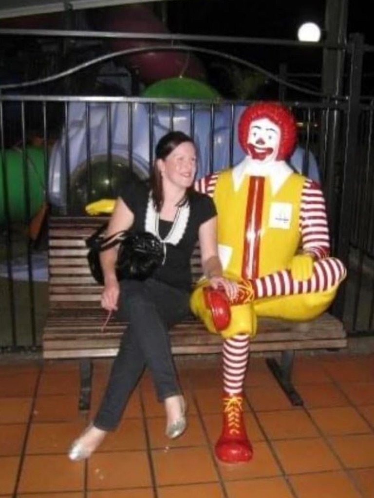 Felicity sitting with Ronald McDonald in her 20s. Picture: Redcurrant Media