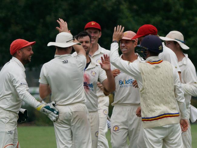 Premier Cricket: Richmond v Frankston Peninsula played at Central Reserve, Glen Waverley. Frankston players celebrate a wicket. Picture: Valeriu Campan