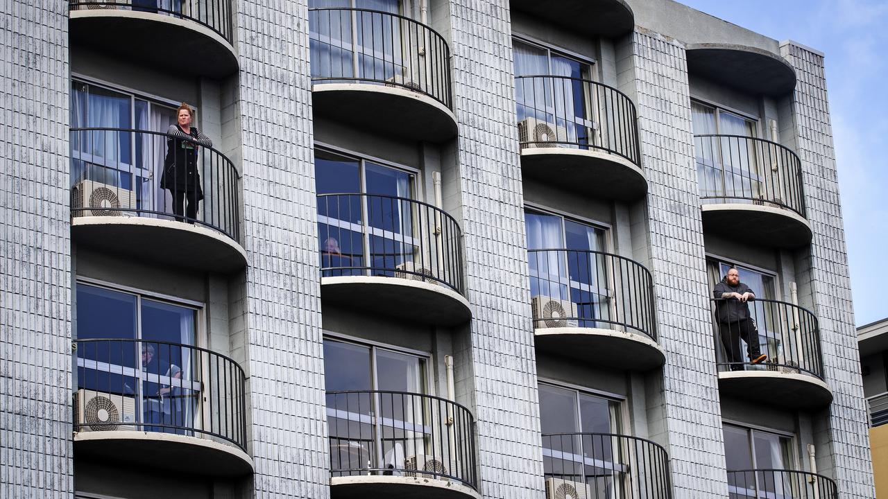 Hotel quarantine residents at the Best Western Hotel in Hobart last year. Picture: Chris Kidd