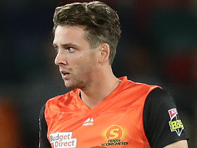 CANBERRA, AUSTRALIA - JANUARY 16: Jhye Richardson of the Scorchers celebrates taking the wicket of Josh Philippe of the Sixers during the Big Bash League match between the Sydney Sixers and the Perth Scorchers at Manuka Oval, on January 16, 2021, in Canberra, Australia. (Photo by Mark Metcalfe/Getty Images)