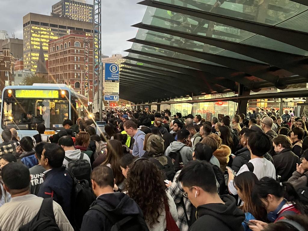 Railway Square near Central Station in Sydney is crowded this evening commuters queue for replacement buses. Picture: Supplied