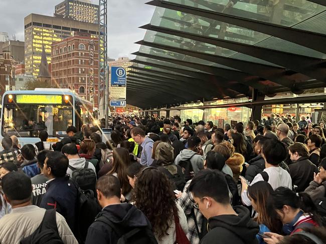 Railway Square near Central Station in Sydney is crowded this evening commuters queue for replacement buses. Picture: Supplied