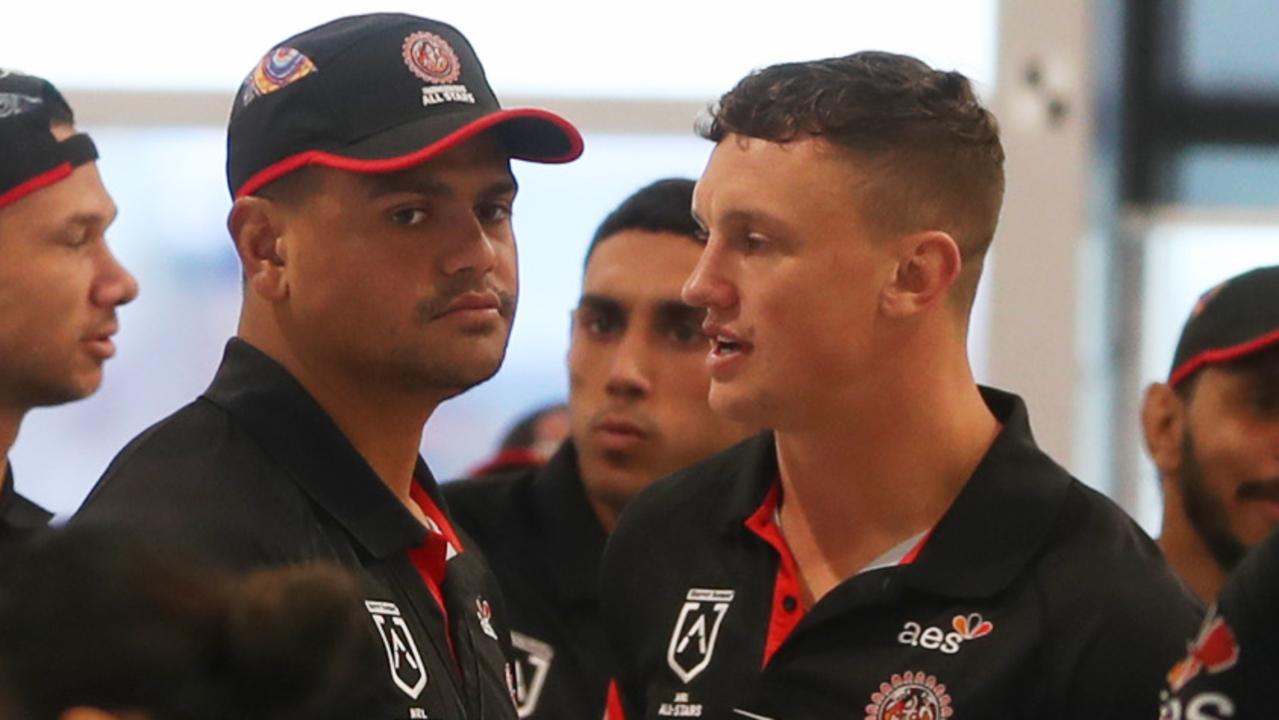 Daily Telegraph February 6/2/23. Latrell Mitchell and Jack Wighton at Sydney airport checking in before a flight to New Zealand .picture John Grainger