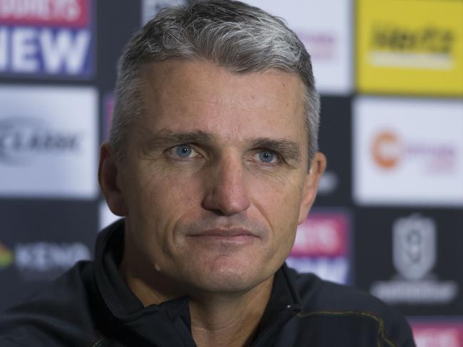 Panthers coach Ivan Cleary speaks to the media following the Round 10 NRL match between the Penrith Panthers and the New Zealand Warriors at Panthers Stadium in Sydney, Friday, May 17, 2019. (AAP Image/Craig Golding) NO ARCHIVING, EDITORIAL USE ONLY