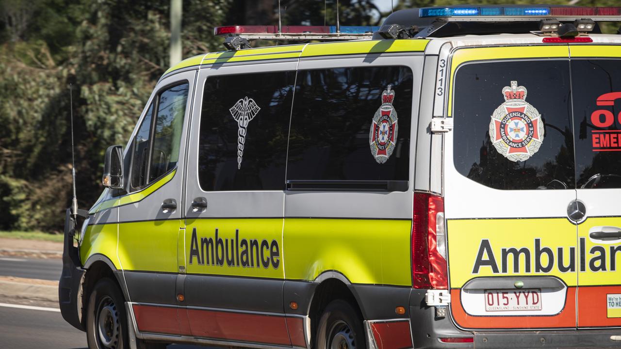 Emergency services attended a two-vehicle crash on Warrego Highway and Henningsen Rd about 9pm on November 3, 2024. Picture: Kevin Farmer