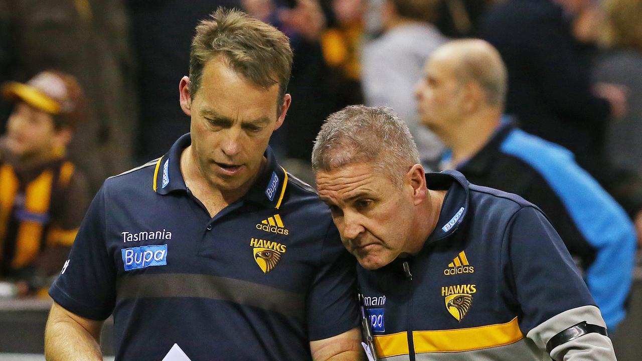 AFL Round 21 - Hawthorn v Port Adelaide at Etihad Stadium , Coach Alastair Clarkson has a quiet word with Chris Fagan after the match. Melbourne. 21st August 2015. Picture: Colleen Petch.