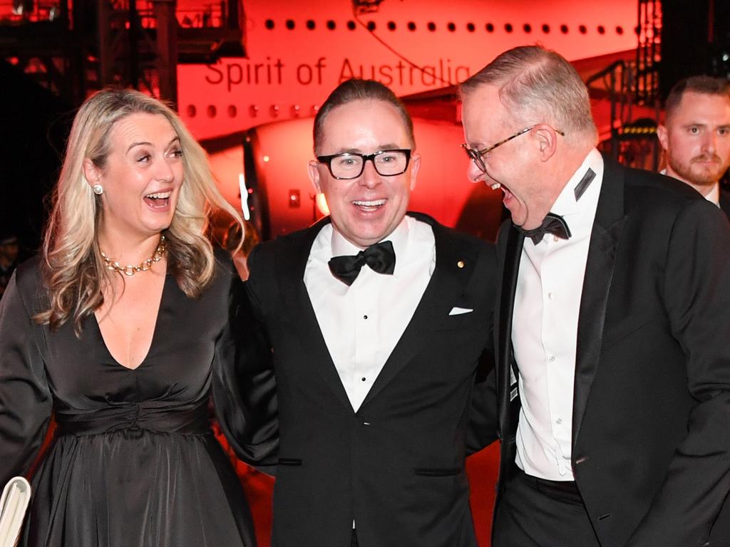 Jodie Haydon, Alan Joyce and Anthony Albanese at the Qantas 100th Gala Dinner. Picture: Getty Images