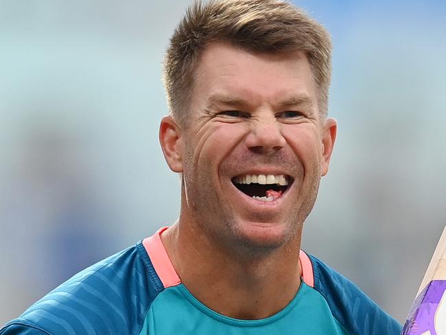 KOLKATA, INDIA - NOVEMBER 16: David Warner of Australia reacts during warm up prior to the ICC Men's Cricket World Cup India 2023 Semi Final match between South Africa and Australia at Eden Gardens on November 16, 2023 in Kolkata, India. (Photo by Gareth Copley/Getty Images)