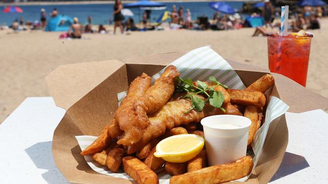 Takeaway beer-battred flathead and chips is a winner at the Boathouse at Shelly Beach, Manly.