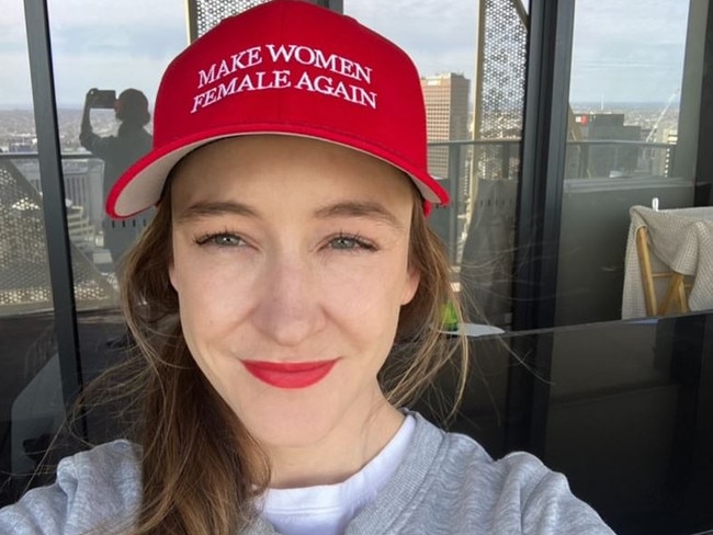 Biddy O’Loughlin in her Make Women Female Again hat. Picture: Instagram/biddyoloughlin