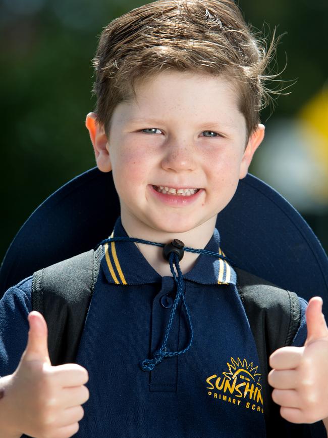 It’s thumbs up from Augustus, 5, as he gets ready to go to Sunshine Primary School. Picture: Jay Town