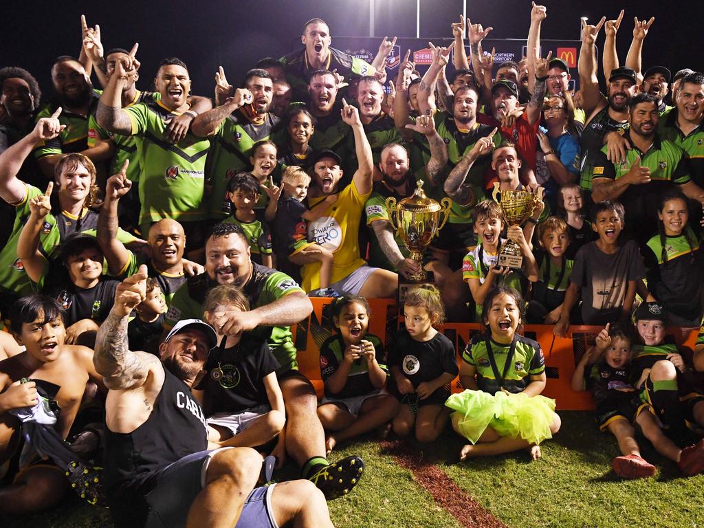 Palmerston Raiders players and fans celebrate winning the NRLNT Grand Final 2022. Picture: (A)manda Parkinson