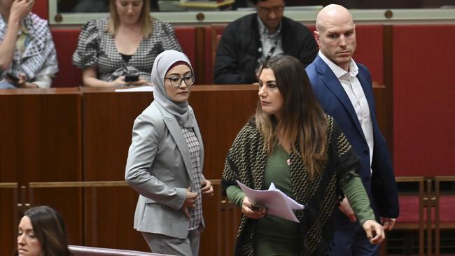 Senator Fatima Payman crossed the floor to support the Greens’ motion to have the Senate recognise Palestine as a state last week. Picture: NewsWire / Martin Ollman