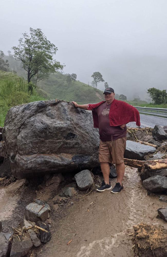 Dairy farmer Dale Fortescue walked up the Eungella range by foot to get back to his cows on Monday afternoon. The Mackay-Eungella road is closed to traffic due to rock and mudslides. Picture: Facebook