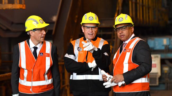 Then-opposition spokesman on climate change and energy Mark Butler and Labor leader Bill Shorten with Mr Gupta at the steelworks in 2018.