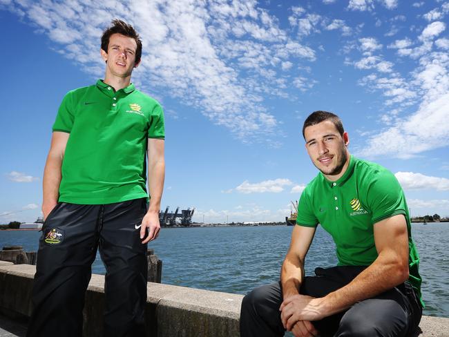 Sunday Telegraph. L to R, Socceroo players Robbie Kruse and Mathew Leckie bside Newcastle Harbour outside the Crowne Plaza in Newcastle where they are staying before their semi-final game against UAE in Newcastle this Tuesday 27th Jan.