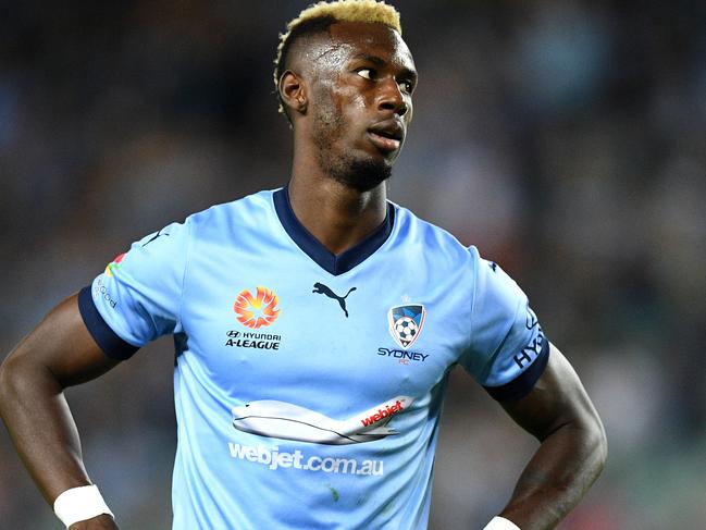 Berni Ibini of Sydney reacts after missing a shot at goal during the round 23 A-League match between Sydney FC and the Central Coast Mariners at Allianz Stadium in Sydney, Friday, March 10, 2017. (AAP Image/Dan Himbrechts) NO ARCHIVING, EDITORIAL USE ONLY