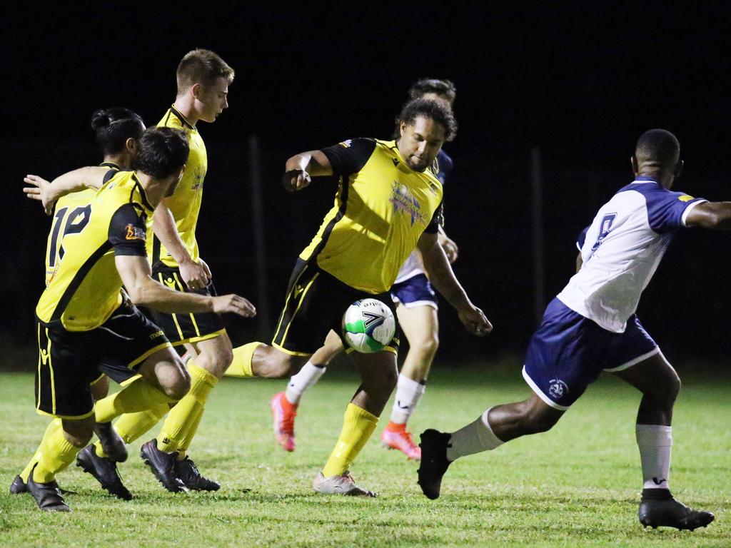 Tigers' Liam Cashmere clears the ball from his teams goal box in the FNQ Football Premiership match between the Edge Hill Tigers and the Marlin Coast Rangers, held at Tiger Park, Manunda. Picture: Brendan Radke