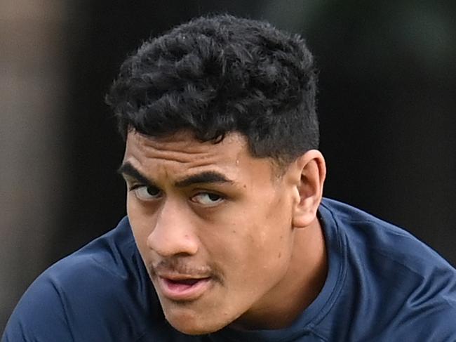 Sydney Roosters' Christian Tuipulotu during a training session at Kippax Lake Field in Sydney, Monday, May 18, 2020. (AAP Image/Dean Lewins) NO ARCHIVING