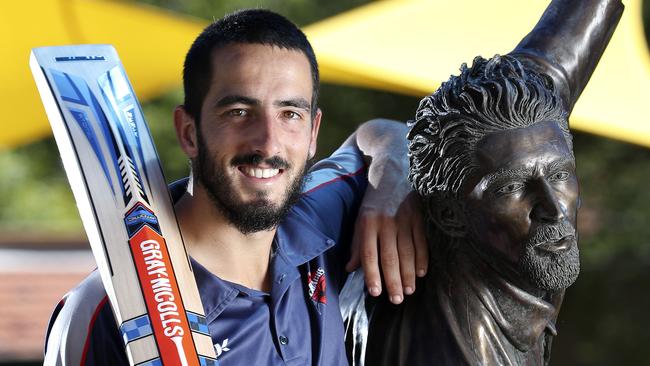 Adelaide Cricket Club and Redbacks-listed all-rounder Cam Valente, pictured next to Jason Gillespie’s statue at Adelaide Oval, has hit back-to-back unbeaten centuries in grade cricket in the last two matches. Picture: Sarah Reed