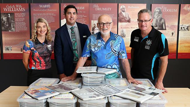 Longstanding volunteer Bernie Smith has helped out Loganlea High School's Knowledge House (Aboriginal and Torres Strait Islander Support Centre) at Loganlea State High school. He has spent considerable time creating his own newspapers that capture achievements of Aboriginal and Torres Strait Islander people to inspire the youth of today. He is pictured at Yugumbeh Museum with, from left, Loganlea High School’s Tammy Baart, principal Brenton Farleigh and museum director Rory O'Connor. Picture: Richard Gosling