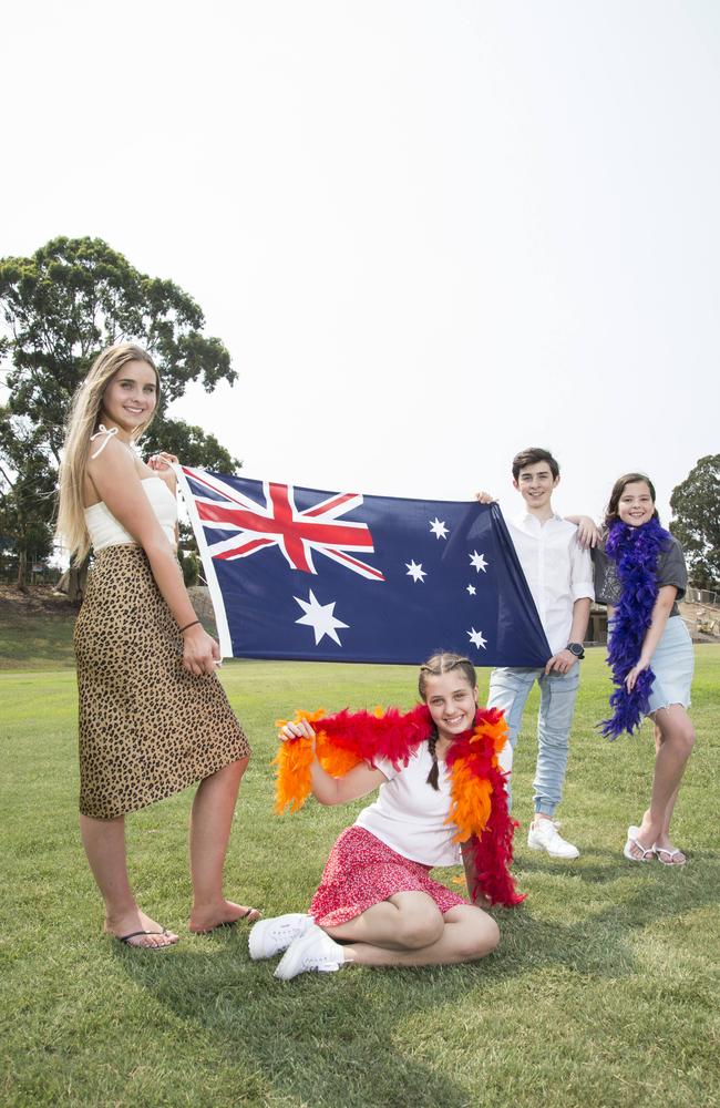 Famous Performing Arts Studio students Annabelle Gross, 16, Chelsea Earle, 12, Oscar Langmar, 14, and Ellie Lazanas, 12, pose for a photograph ahead of Australia Day celebrations at Storey Park at Hornsby. Picture: Troy Snook