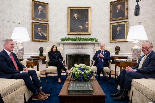 US President Joe Biden at a meeting on the debt limit with House Speaker Kevin McCarthy, Vice President Kamala Harris, and Senate Majority Leader Chuck Schumer in the Oval Office of the White House