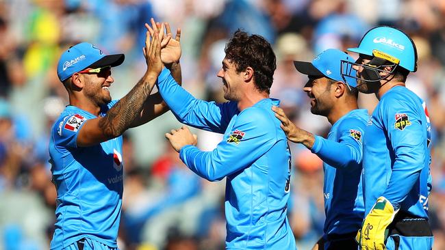 Travis Head celebrates one of his two wickets. Picture: Mark Kolbe/Getty Images