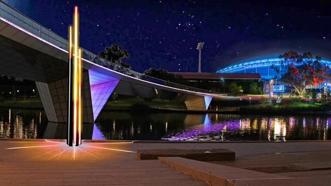 An artist’s impression of the proposed ‘Reeds of Reflection’ lighting installation on the Riverbank Precinct. Picture: Renewal SA