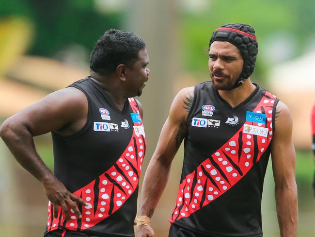 Cyril Rioli made his return to football with the Tiwi Bombers during the 2019-20 Men’s Premier League season. Picture: Glenn Campbell.