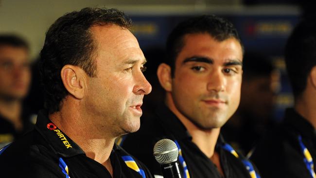 Then-Eels coach Ricky Stuart with Tim Mannah during some of the club’s darkest days.