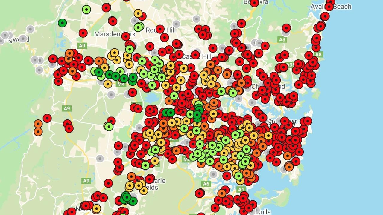 Petrol prices are already soaring in Sydney, with red dots indicating areas where fuel already exceeds $1.56/L. Picture: MotorMouth