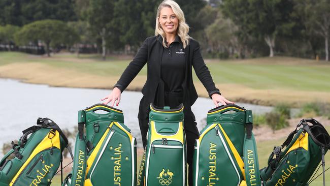 Elly McLean at Lakelands Golf Course with her Australian Olympic Golf Bags. Her company Vessel Golf Australia has produced all of the bags for the Olympic team as well as other nations. Picture: Glenn Hampson.