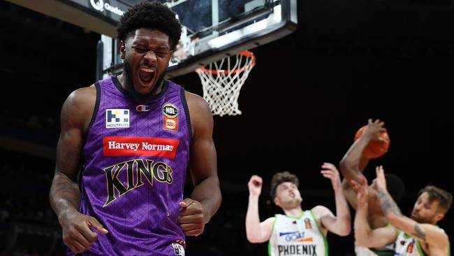 SYDNEY, AUSTRALIA - JANUARY 02: Cameron Oliver of the Kings reacts during the round 15 NBL match between Sydney Kings and South East Melbourne Phoenix at Qudos Bank Arena on January 02, 2025 in Sydney, Australia. (Photo by Jason McCawley/Getty Images)