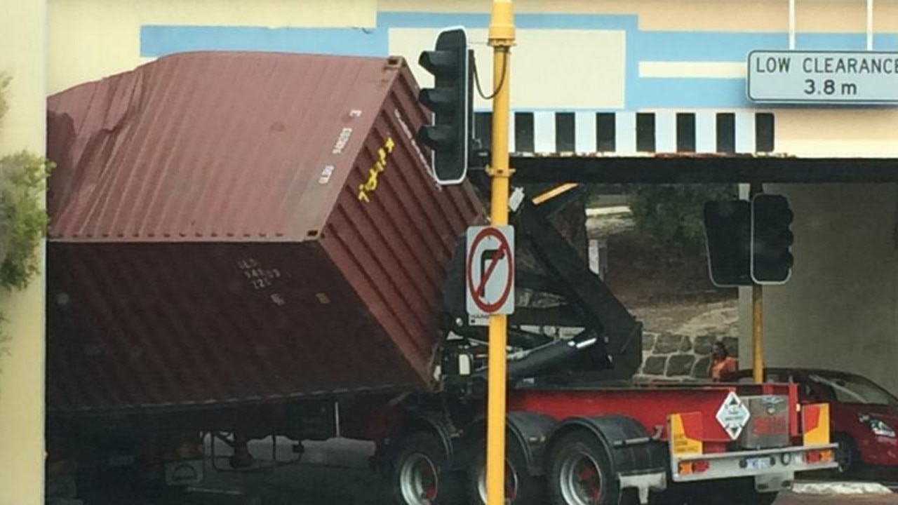 A truck stuck under the infamous Bayswater Bridge. Picture: Martin Edwards