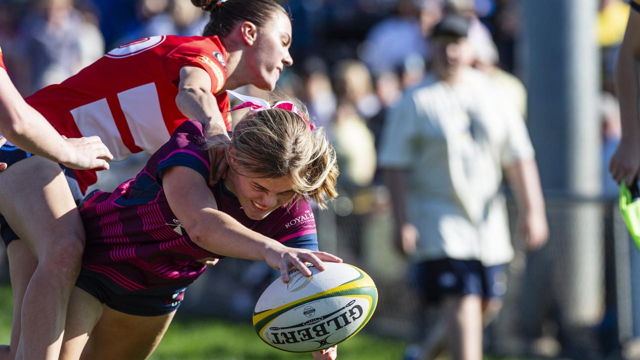 Anna Park gets a try for Toowoomba Bears against St George Roma in Downs Rugby Womens XV grand final rugby union at Toowoomba Sports Ground, Saturday, August 24, 2024. Picture: Kevin Farmer