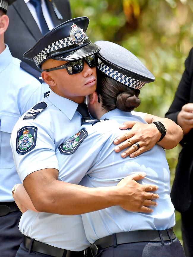 Mourners at the memorial service with full police honours for constables Rachel McCrow and Matthew Arnold at Brisbane Entertainment Centre. Picture: John Gass/NCA NewsWire