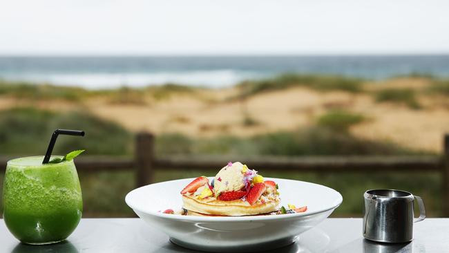 Buttermilk Pancakes and green power smoothie at Bronze Kiosk. Picture: Braden Fastier