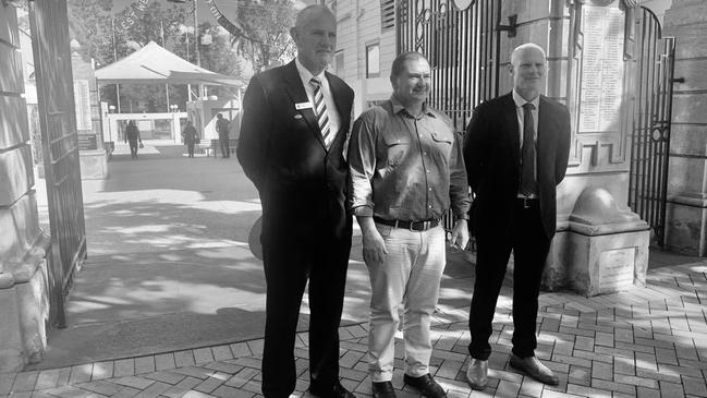 Gympie Mayor Glen Hartwig, Wide Bay MP Llew O'Brien and Gympie RSL president John Herlihy at the Memorial Park Gates in Mary Street, Gympie.