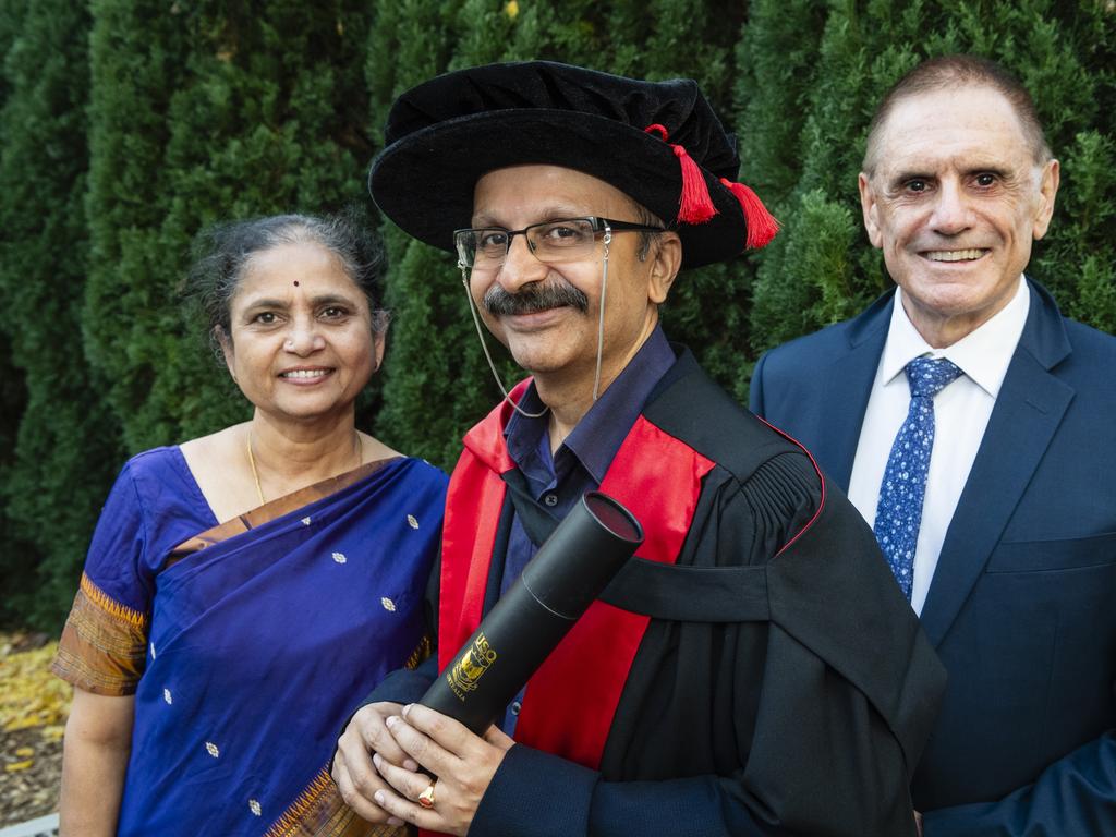 Doctor of Philosophy graduate Dr Murali Ramakrishnan with his wife Sharada Murali and his PhD supervisor Prof Jeffrey Soar at a UniSQ graduation ceremony at Empire Theatres, Wednesday, June 28, 2023. Picture: Kevin Farmer