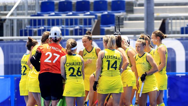 The Hockeyroos before an Olympic game in Tokyo.