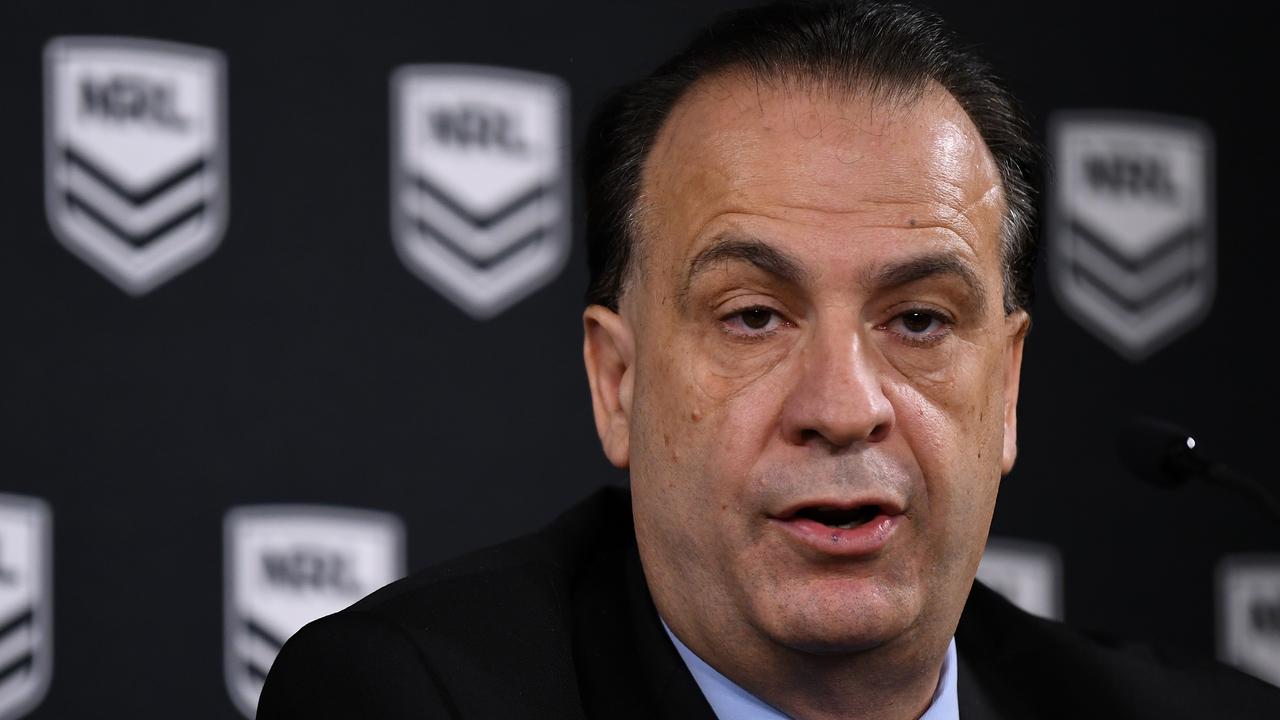 ARLC Chairman Peter V'landys speaks to the media in Sydney, Sunday, March 15, 2020. (AAP Image/Joel Carrett) NO ARCHIVING