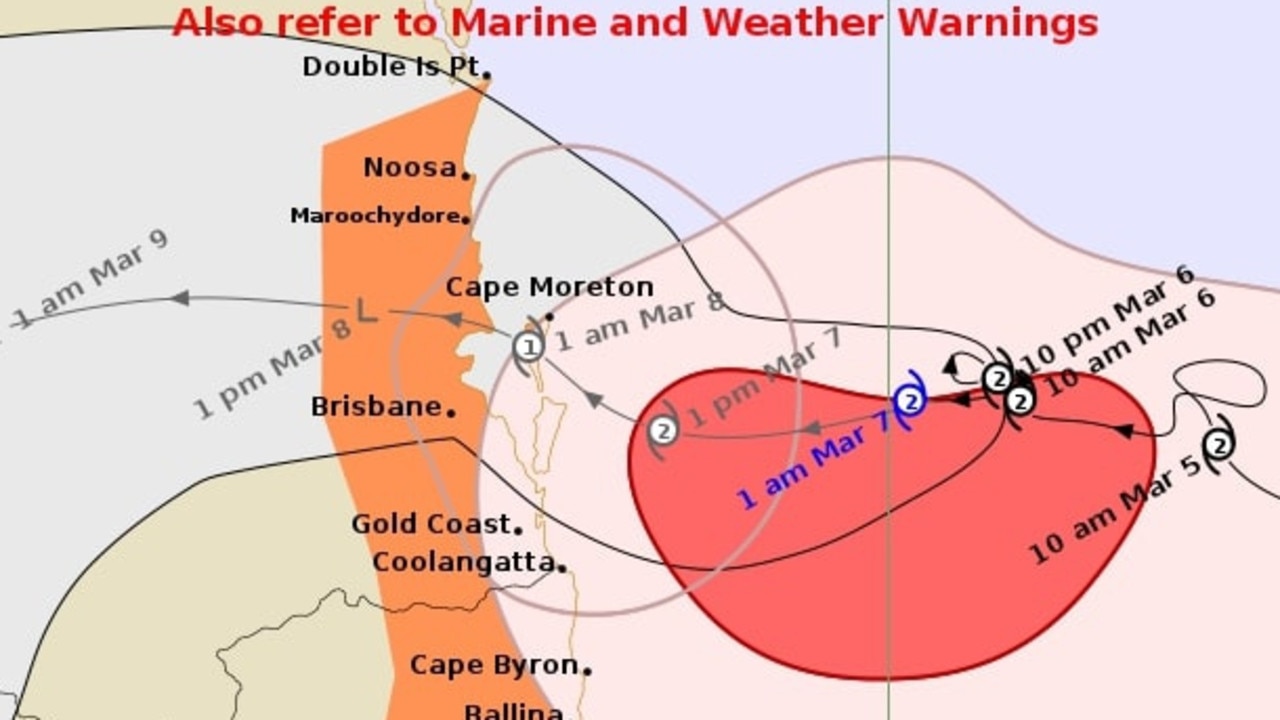 The latest tracking data from the Bureau of Meteorology showed Alfred would strike Moreton Island as a category 1 system about 1am Saturday.