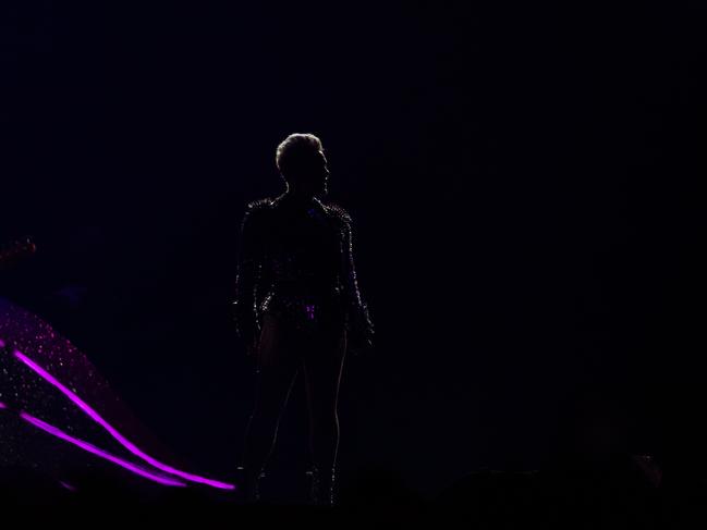 US singer Pink at Marvel Stadium in Docklands to a huge crowd. Her performance included flipping in a bungee harness at least 10 meters above the stage. Picture: Jason Edwards